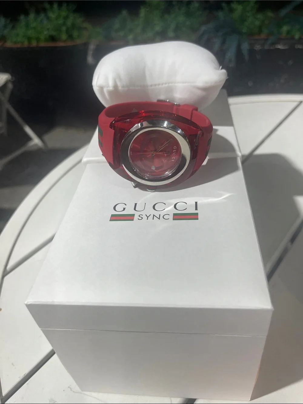 Gucci Red Transparent Silicone Logo Strap Watch with Green-Red Accent